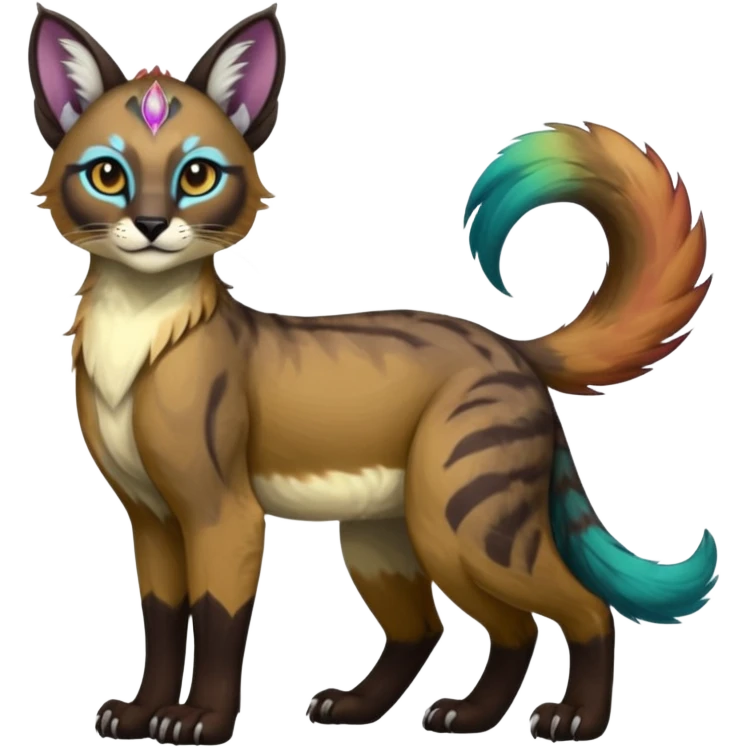 Colorful dark tropical tribal glorious iridescent divine exotic cute cool beautiful beautiful fantasy-caracal-civet-genet-sergal-vernid-Gryphon-Cacomistle-Trico-oncilla-animal-Fakémon-hybrid-fursona (full body) emoji