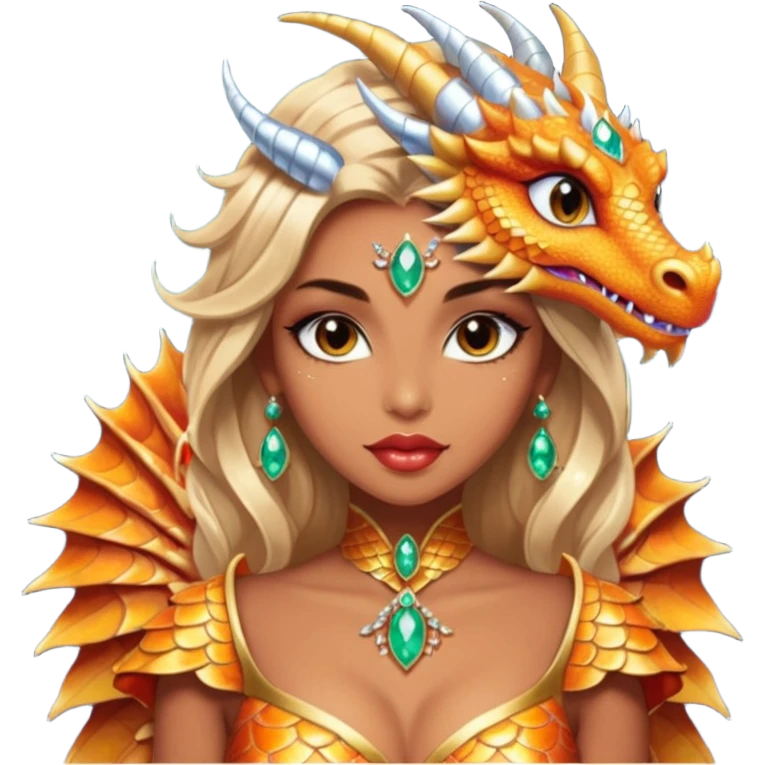 A gorgeous woman with dragon featured with glittering jeweled scales covering her body. She has large almond shaped eyes, lush lips, and she wears a stunning luminescent gown. emoji
