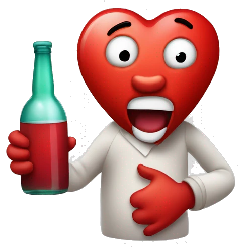 A red heart ❤️ with eyes, a mouth, and hands, looking drunk and tipsy, holding a bottle of drink, with a wobbly and goofy expression emoji
