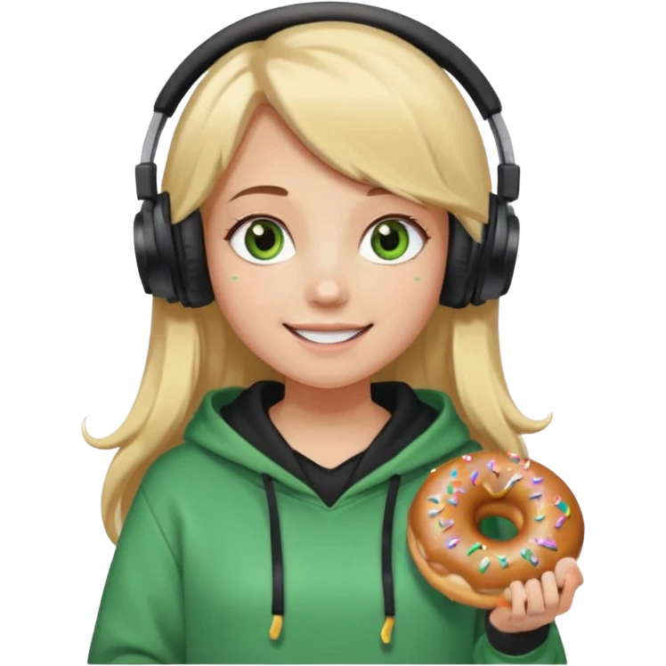 a girl with long brown hair blonde ends green and wearing black headphones she is wearing a cream coulor baggy hoddie she is happyish holding a donut emoji