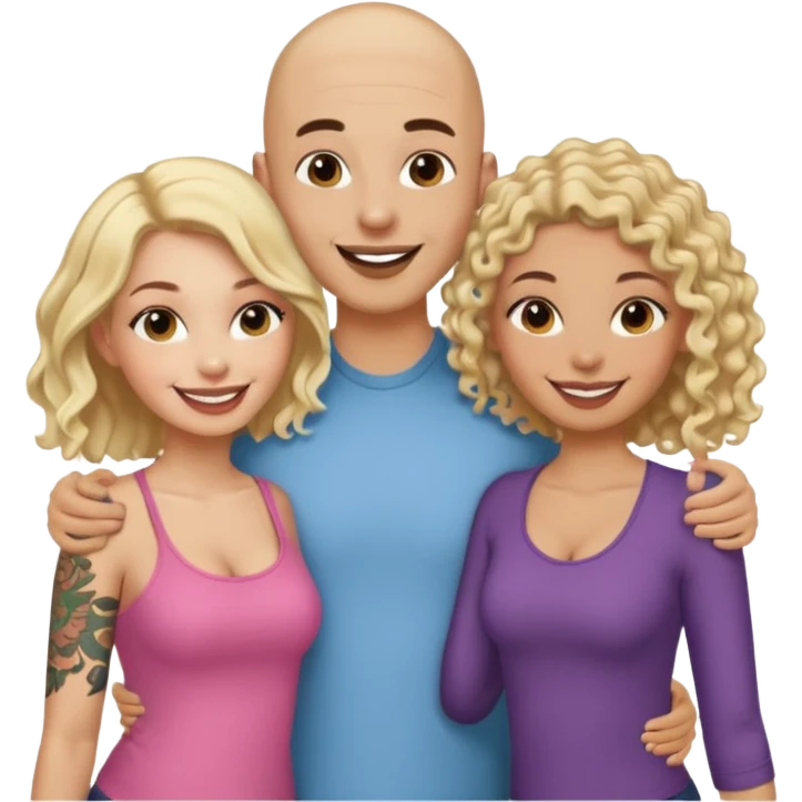 throuple tatted bald boyfriend with two girlfriends, one long blonde hair, other short curly brunette  emoji