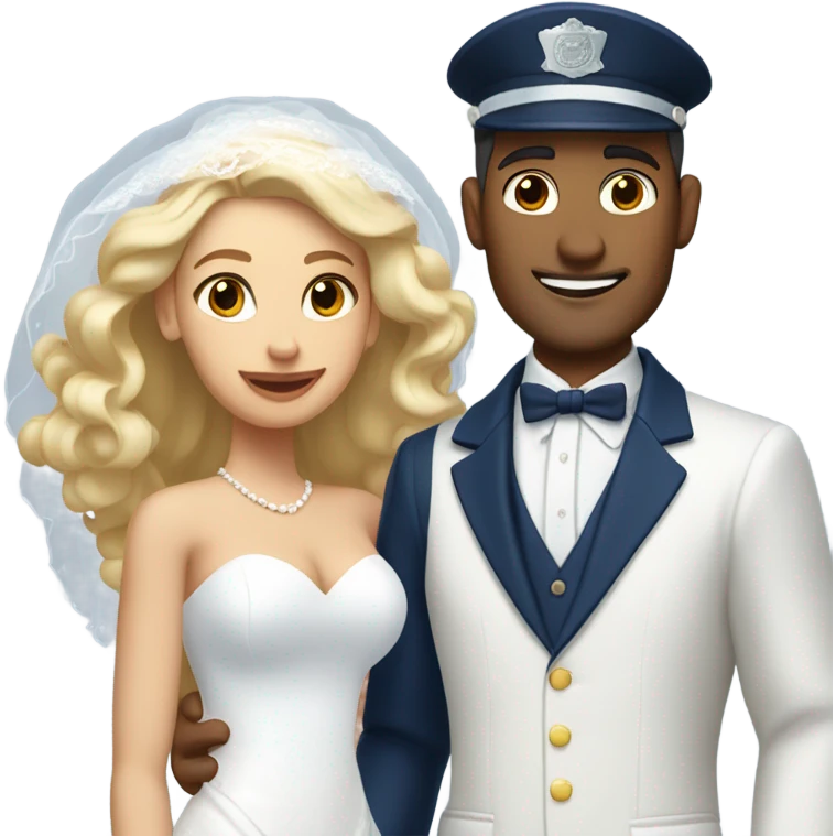 Puerto rican beard short hair with blue hat and navy blue suit getting Married with blond long hair girl with white  wedding dress  emoji