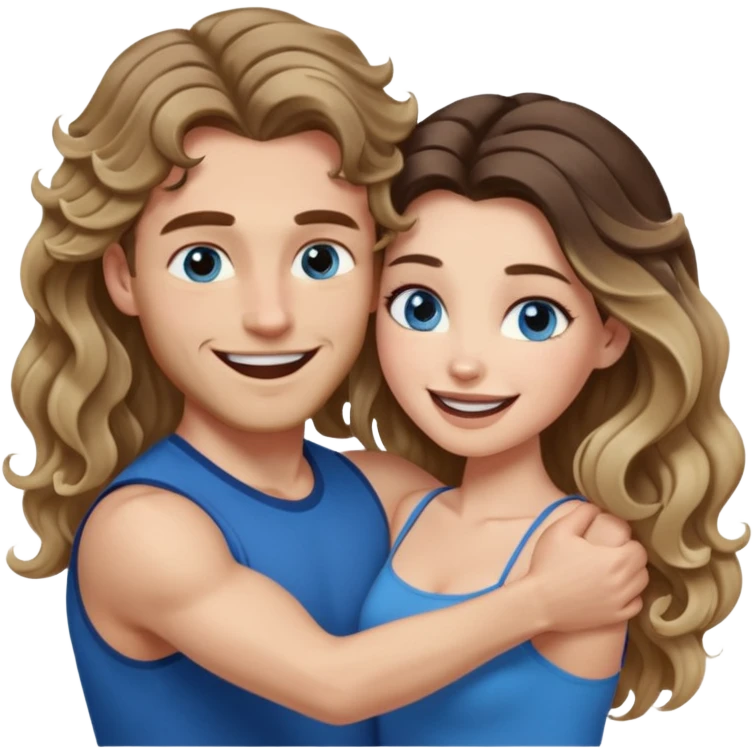 Women with blue eyes and very long, brown blond balayage curled hair in the arms of a man with strong arms a straight face, a very sexy man blue eyes. They are laughing at each other. He has dark brown hair: A fade haircut down to skin and is light skinned  emoji