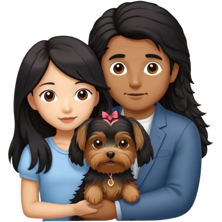 A couple holding holding a small Yorkshire Terrier together. The girl is an Asian girl with long, luscious wavy black hair (loose, no hair tie). She is standing beside a brown-skinned man with a middle part haircut.  emoji
