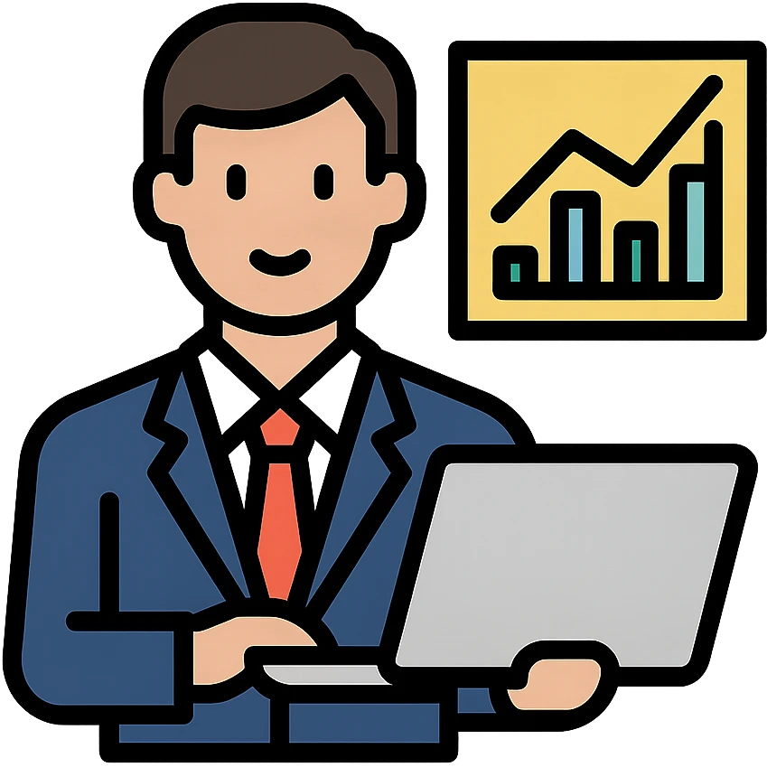 a trader character, modern business attire, holding a laptop, in a professional setting emoji