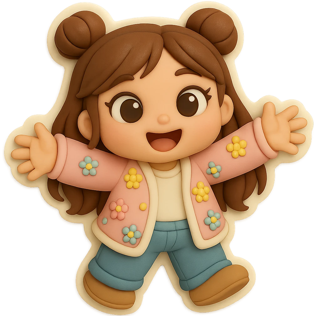 3D chibi fondant cake art style, high-quality rendering with smooth shadows and soft gradients. Girl based on reference image with preserved facial features and eye shape, long brown hair in two space buns, brown eyes, jeans, pastel floral cardigan, shoes, thick white outline like a sticker, transparent background. Reaching out both arms for a joyful hug. Ensure the face, hairstyle, eye shape, and shoes match the reference exactly. emoji