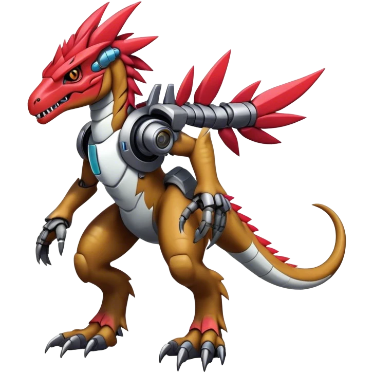 Punky Furry maned Cool Edgy badass Futuristic shiny colorful cyborg-Digimon-Fakemon-Guilmon-Velociraptor-Mecha full body  emoji