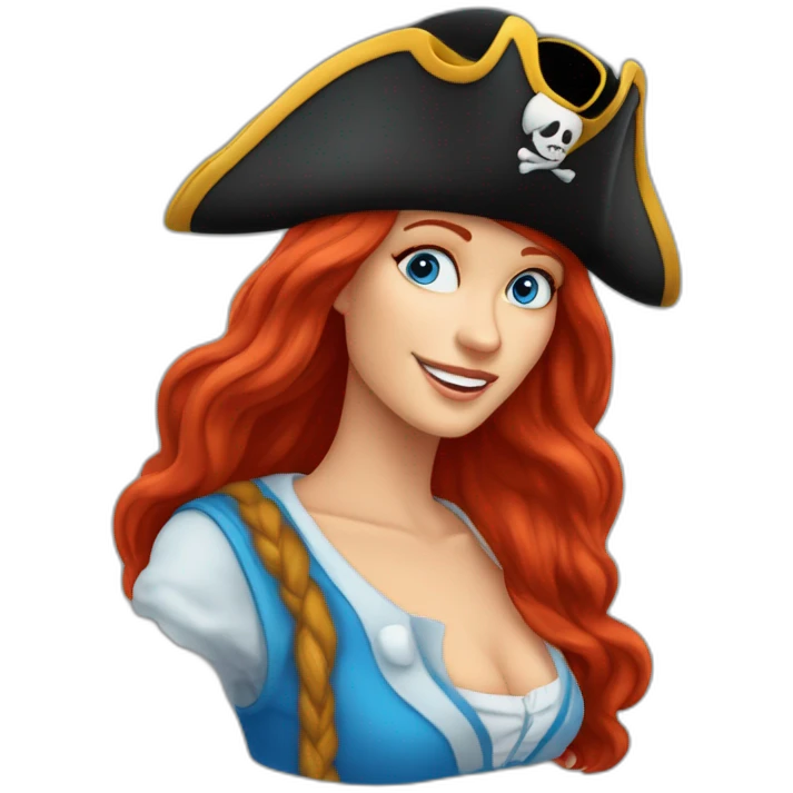 Woman long red hair down one side in a single platt. pirate hat. One side of head has no hair. Blue eyes. skull and crossbones t shirt emoji