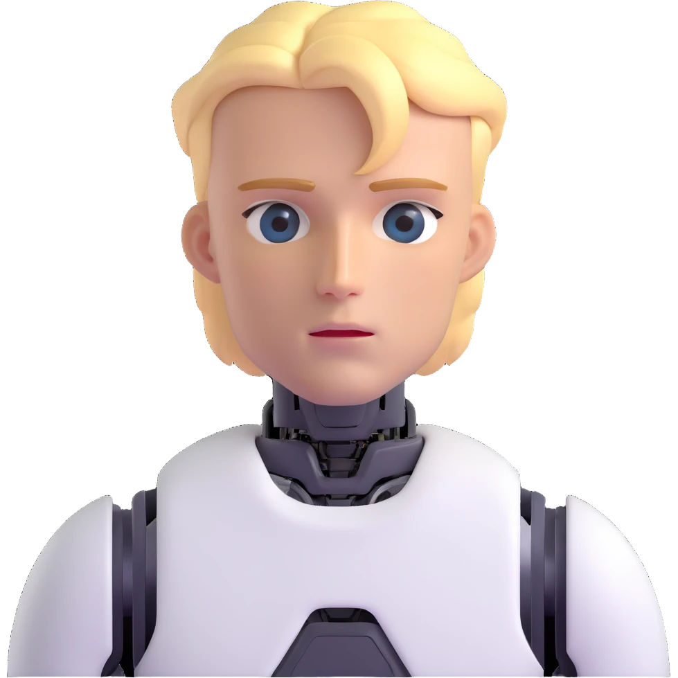 Minimalist male robot with blond hair, sharp jawline, intense eyes, white sweater, AI assistant emoji