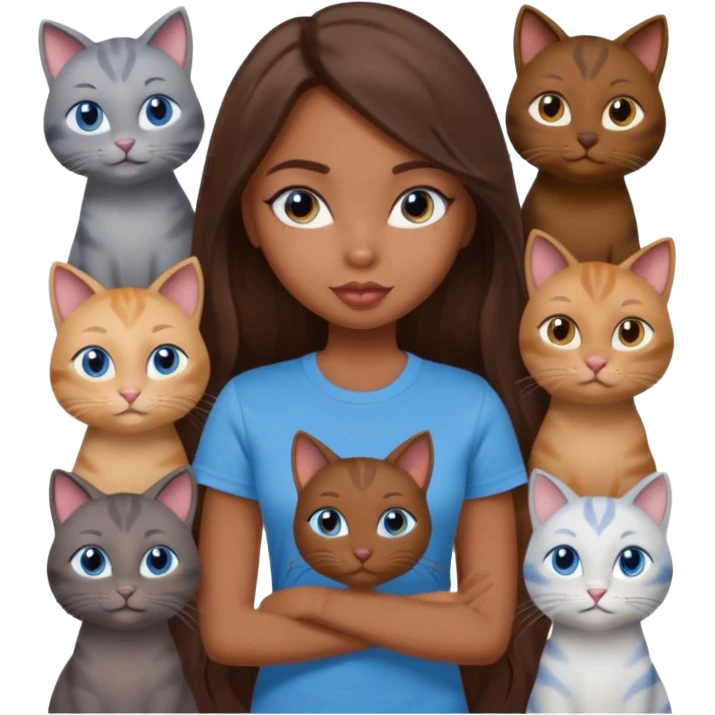 a pretty bratz dusky girl with long brown hair, blue eyes with six cats nd wearing a grey tshirt emoji