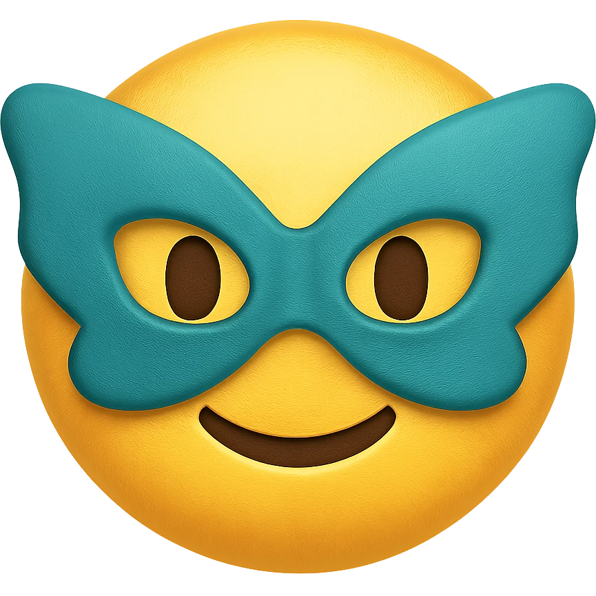 yellow face with teal butterfly mask, digital illustration emoji emoji