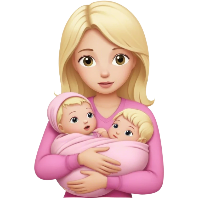 Blonde girl holding a new born baby while the baby is wrapped in pink. emoji