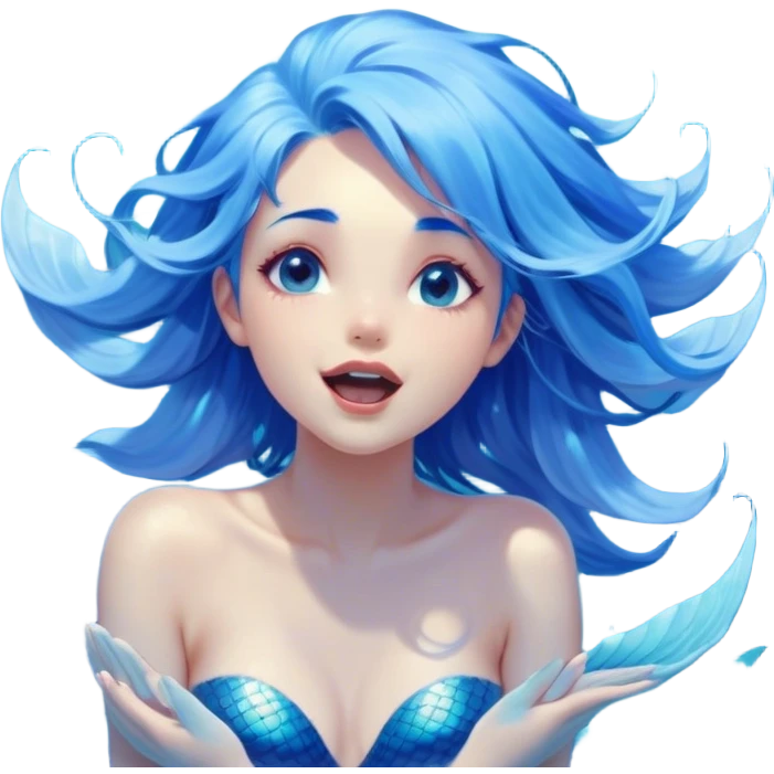 Cinematic Realistic Blue Hair Mermaid Portrait, head tilted slightly with a dramatic, wide-open yawn, revealing a tender, relaxed visage with intricately detailed, tanned skin and vibrant, cascading blue hair softly billowing around her. Her dreamy eyes exude a serene, aquatic charm, rendered with gentle underwater lighting and a soft, high-shine finish that captures the essence of a drowsy yet captivating mermaid drifting into tropical slumber. emoji