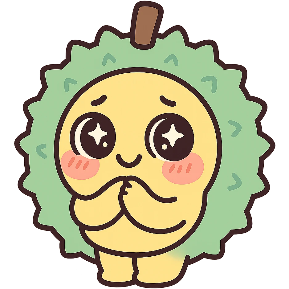 adorable chibi durian, round, pastel green shell, yellow inside, sparkly eyes, blushing, shy pose emoji