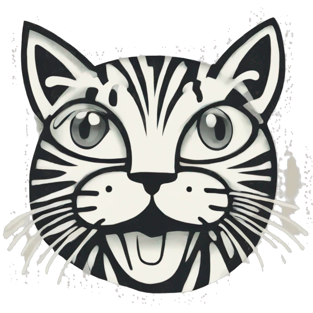 Abstract quirky funky cat made of different shapes and squiggles linocut illustrations  emoji