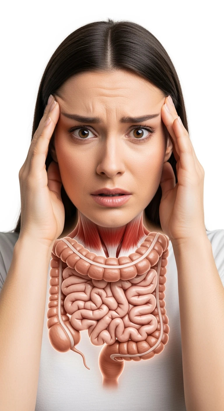 DONNA ANSIOSA CON INTESTINO UMANO ANATOMICO REALISTICO VISIBILE, SI TIENE LE MANI SULLE TEMPIE, iperrealistico 4k, SFONDO BIANCO emoji