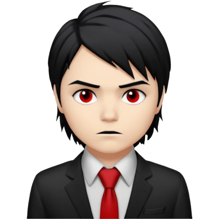 Gerard Way (Revenge Era)
Round, simplified emoji style
Pale skin tone dark eyes
Jet-black, shoulder-length hair messy and emo
Heavy eyeliner and slight red shadow under the eyes
Subtle serious
Hint of red tie visible on black button up shirt.
Transparent background. Black eyeliner. Messy emo hair emoji