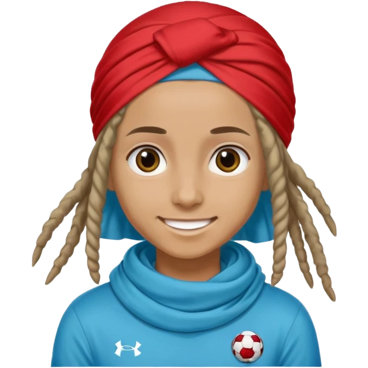 "- nam
- 17 tuổi
- Da nâu
- Tóc Dreadlock, nhuộm xanh nước biển, đội khăn xanh nước biển
- Cười mỉm, mắt to
- Mặc áo bóng đá màu đỏ emoji