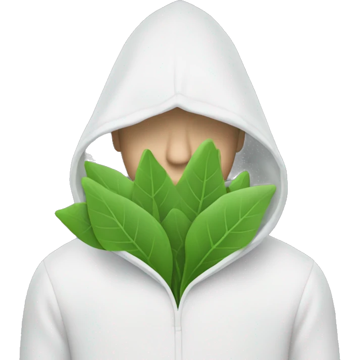 Shady white man with hood up holding a clear plastic bag with leaves emoji