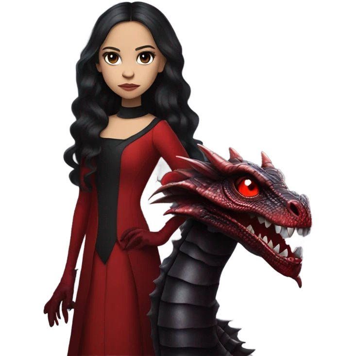 Lavish Victorian evening gown with gloves, Jenna Ortega as Addams girl Jedi wearing a mini tiara, standing next to a very large blood red evil-looking horned dragon emoji
