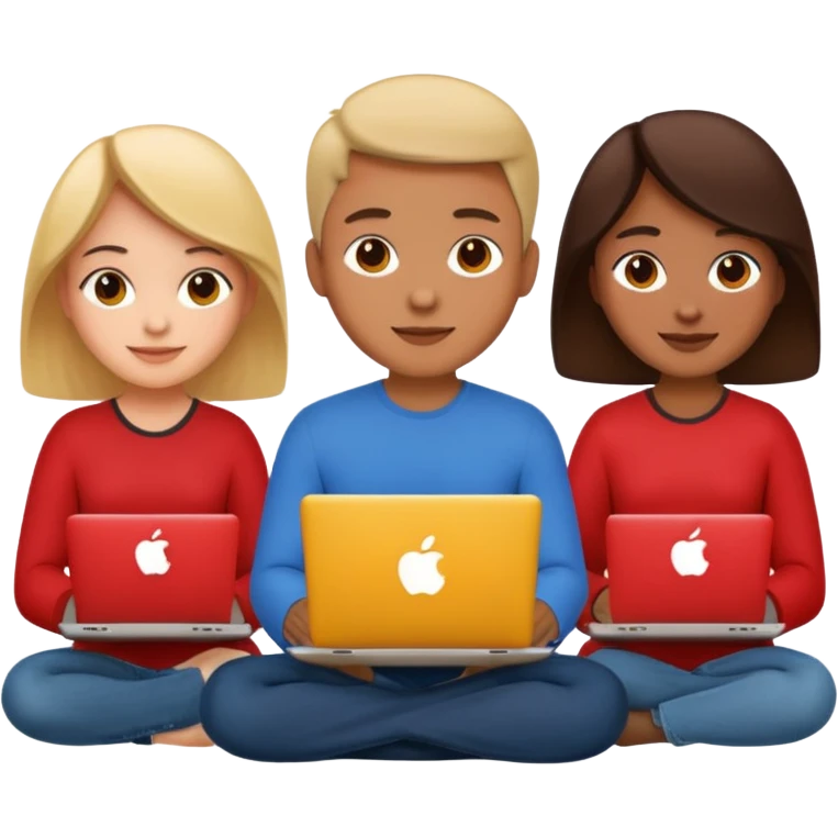 three programming students sitting together with laptops open, collaborative, friendly, apple emoji style emoji