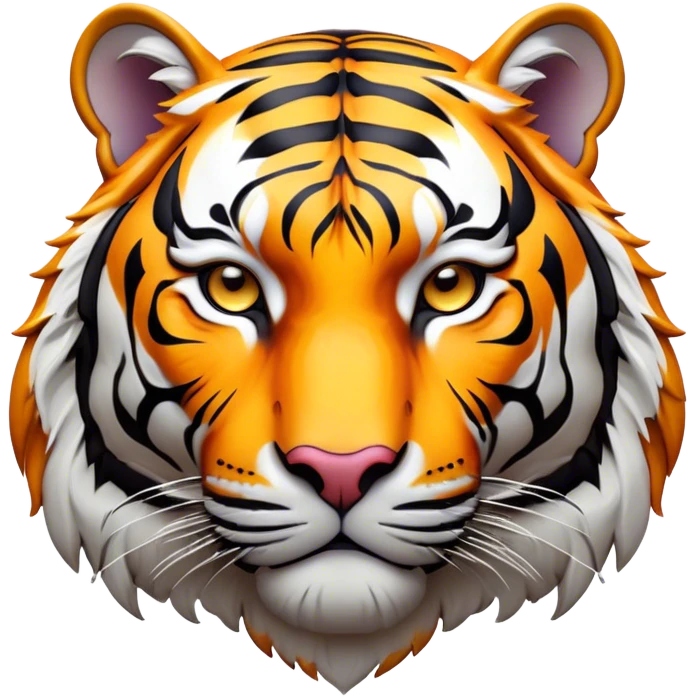 Cinematic Noble Tiger Portrait Emoji, Poised and regal, with a powerful, muscular build draped in striking, vivid stripes and intense, focused eyes, Simplified yet sharp and sophisticated features, highly detailed, glowing with a soft, wild luminescence, high shine, intelligent and majestic, stylized with an air of untamed authority, focused and commanding, soft glowing outline, capturing the essence of a watchful and confident jungle guardian that appears ready to pounce out of the screen with effortless authority! emoji
