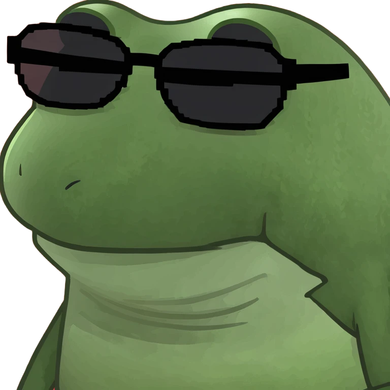 bufo with triangle 8 bit sunglasses full black, confident smile emoji