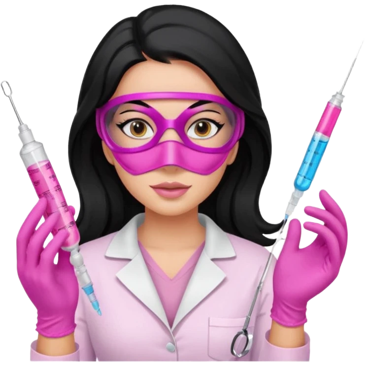 laboratorista con guantes rosa y mascarilla rosa  jeringa tubos  pelo negro largo triguella emoji