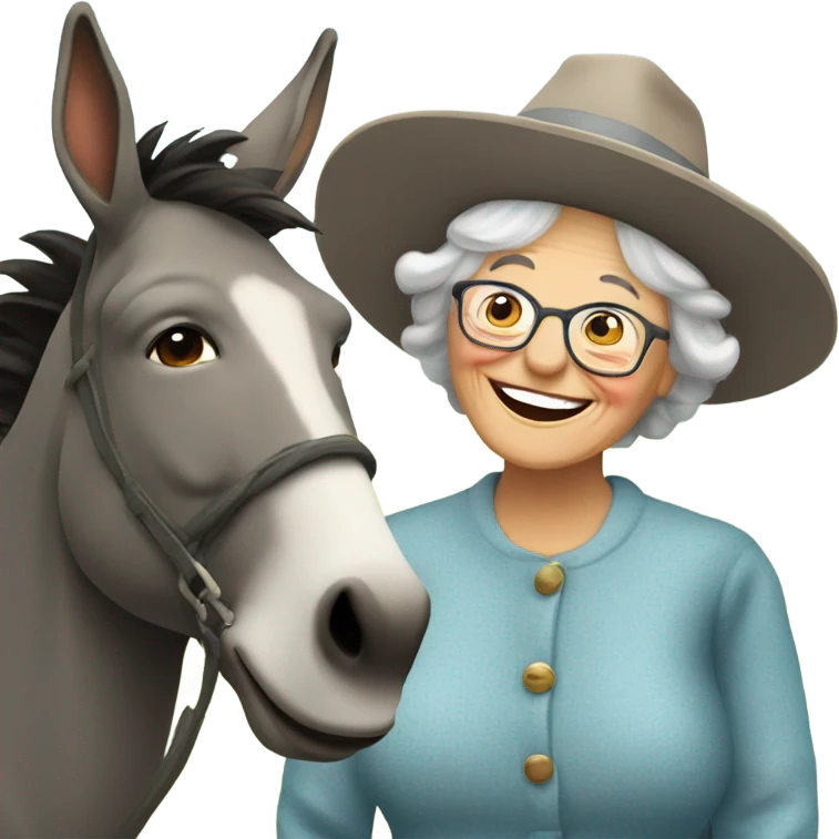 smiling grandma with hat outdoors with a donkey emoji
