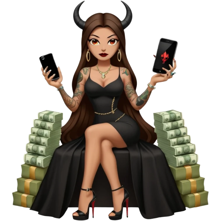 Sensual queen long brown straight haired mafia woman with black shiny platform high heels on her feet,  and black devil horns on her head, tattoos on arms , holding a stack of cash, has a phone in other hand. Sitting on a large big new model F350 pickup truck  long black dress with  slit emoji