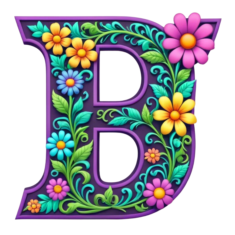 3D, gothic style psychedelic colored Letter U with hippie style flower border emoji