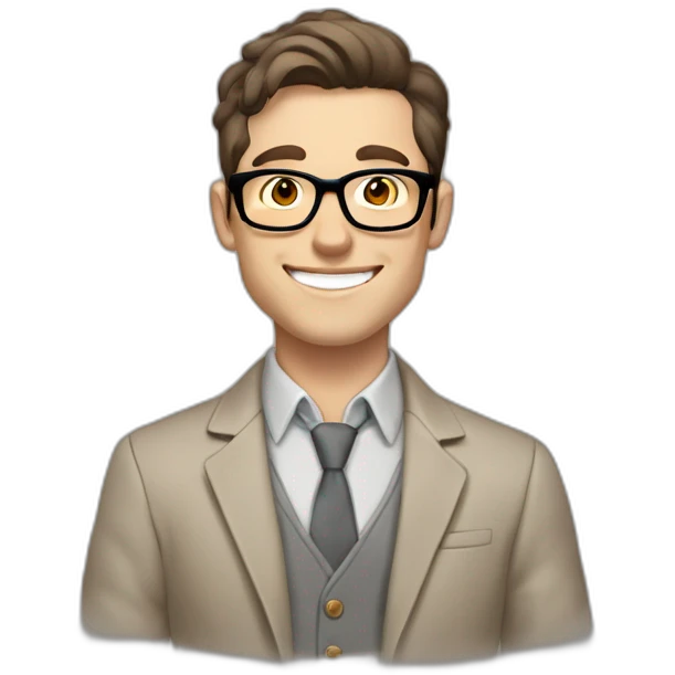 Joyful Pale skinned Fit Man With dark brown hair in gray jacket, beige office shirt, Brown pants and vintage glasses. His thrumbs up emoji