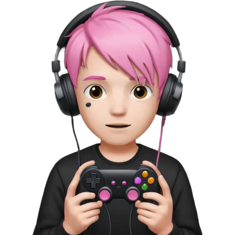 pink haired boy with headphones holding all black game controller emoji