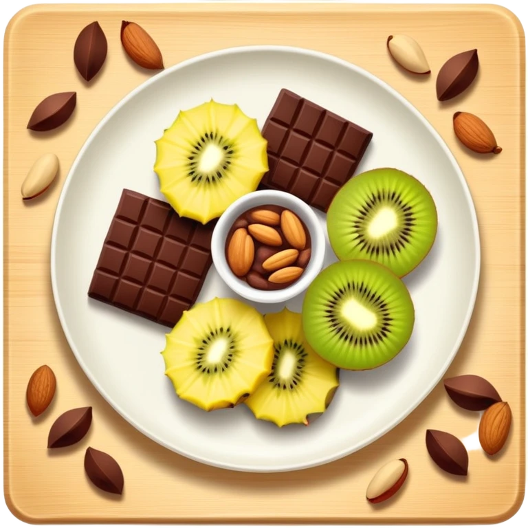 Evening snack plate with dark chocolate squares, mixed nuts, kiwi slice and pineapple chunks emoji