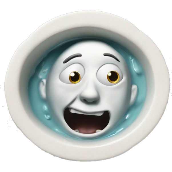 A head emerges from a porcelain basin, with expressive eyes and a lively mouth, creating a humorous and surreal image. emoji