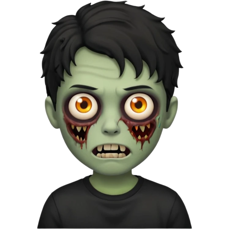 a boy with wavy hair, a zombie-shaped mouth piercing hum, and black hair with a black shirt too emoji