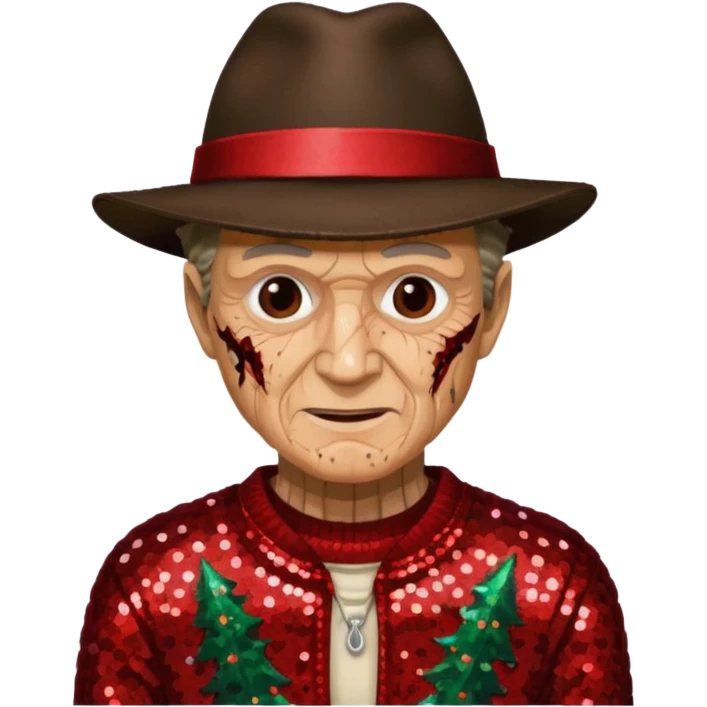 Freddy Krueger with tan burned skin, red sequin sweater, dark brown sequin jacket and hat emoji