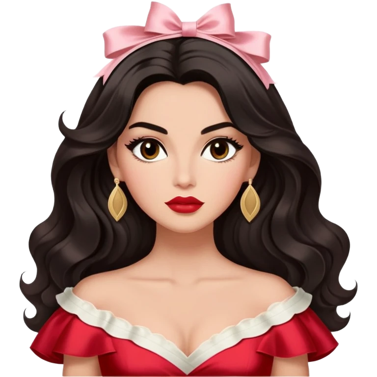 A woman with almond-toned skin, dark voluminous hair in waves, expressive eyes with soft lashes and shimmer, full lips with a glossy nude-pink color, wearing a red dress and a white sash with “Miss San Juan” in black letters, exuding elegance and confidence. emoji