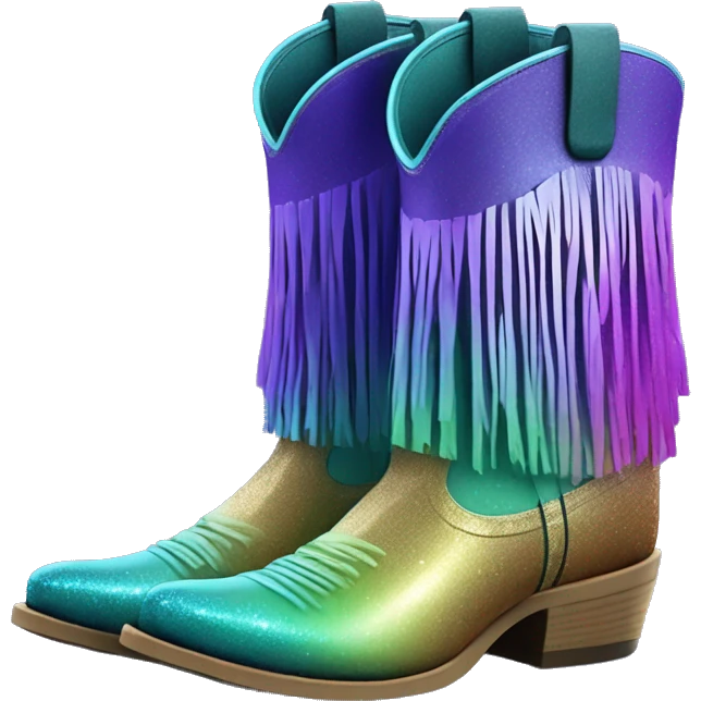 Realistic blue purple green ombre pair of fashion cowgirl boots with sparkly shiny glitter fringe on them. emoji