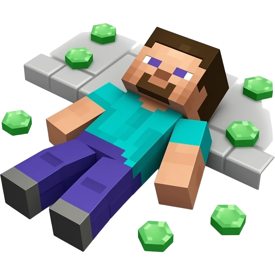 Minecraft Steve dead on the sidewalk with his eyes closed, surrounded by Minecraft drops emoji
