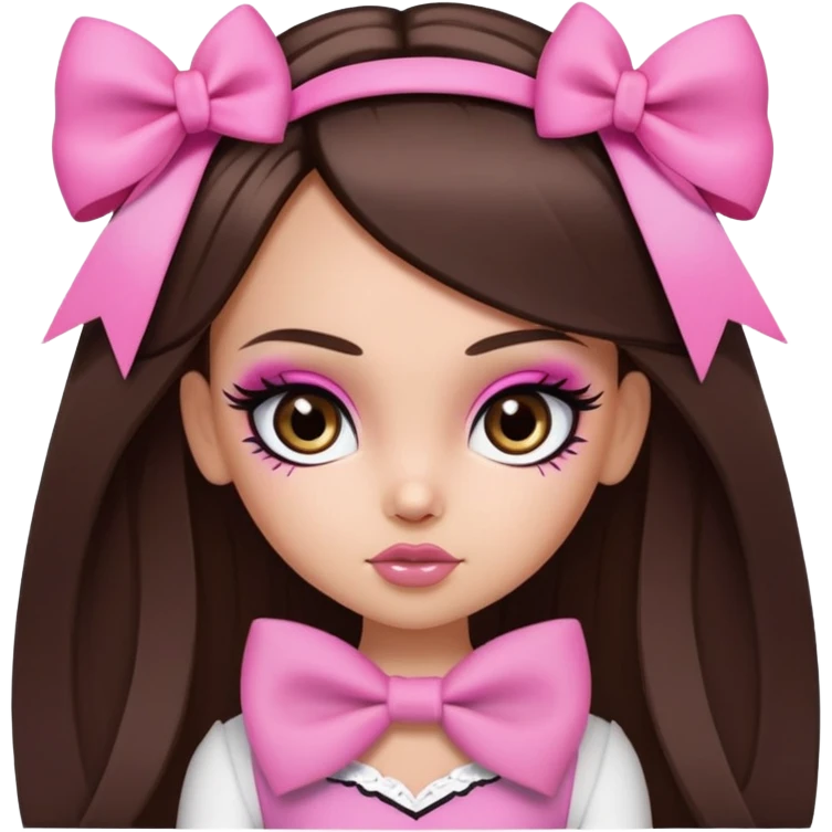 pretty bratz baddie, long straight hair brunette baddie with eyeliner and brown eyes and small pink bow emoji