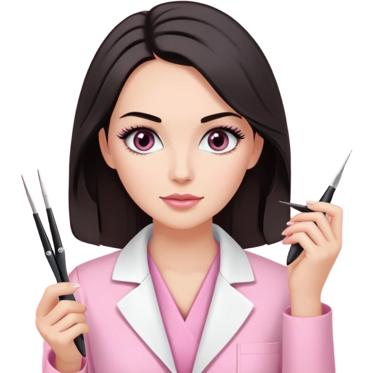 Mulher branca de cabelos pretos na altura dos ombros, vestindo jaleco rosa e segurando uma pinça de extensão de cílios emoji