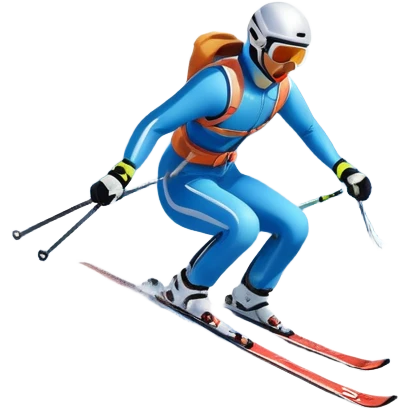 An icon featuring snowy peaks, pine trees, and a picturesque mountain landscape with a skier racing down a snow-covered slope, The sky is blue with soft clouds, capturing the thrill and beauty of alpine skiing. Transparent background highlights the excitement and serenity of winter sports. emoji
