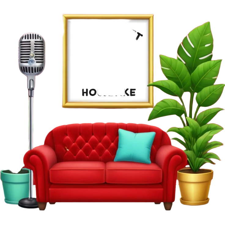 red velvet couch, stand microphone, houseplants, karaoke sign emoji