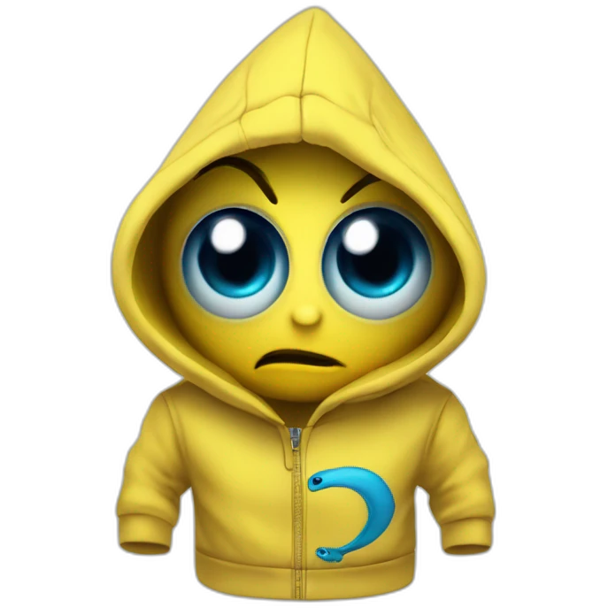 banana dominus hoodie, yellow with blue scary eyes emoji