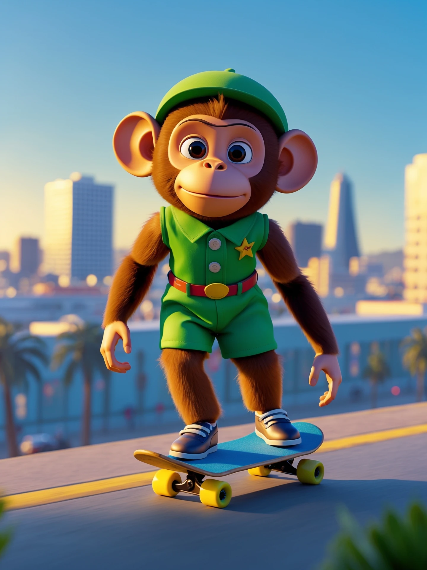 Disney style Cinematic still scane, Low angle shot, monkey dress in green outfit, monkey ride on skateboard, san francisno downtown with city lanscape, blue clean sky, captured by ARRI Alexa XT, soft cinematic lightning, back light, inspired by ToyStory 4 emoji