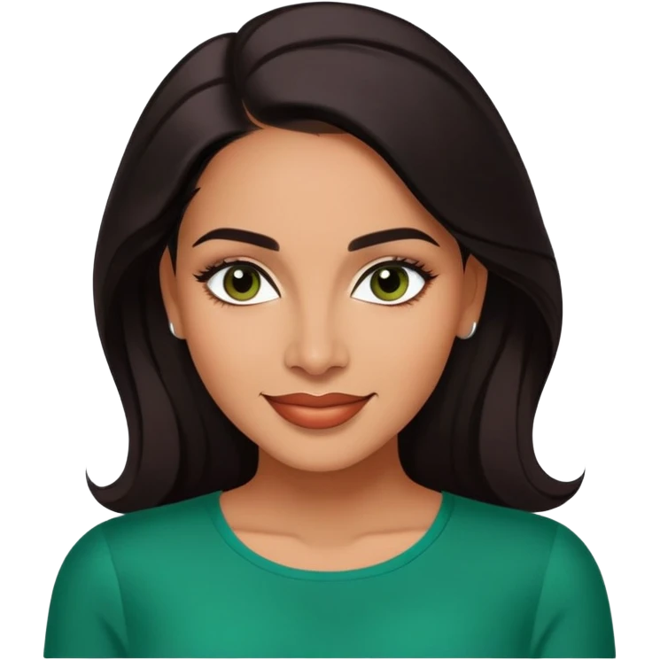 Professional portrait of Lynette Torres, Puerto Rican actress with radiant medium brown skin, charismatic expression, bright dark eyes, beautifully shaped eyebrows, charming smile, long sleek dark hair, wearing an elegant green top emoji