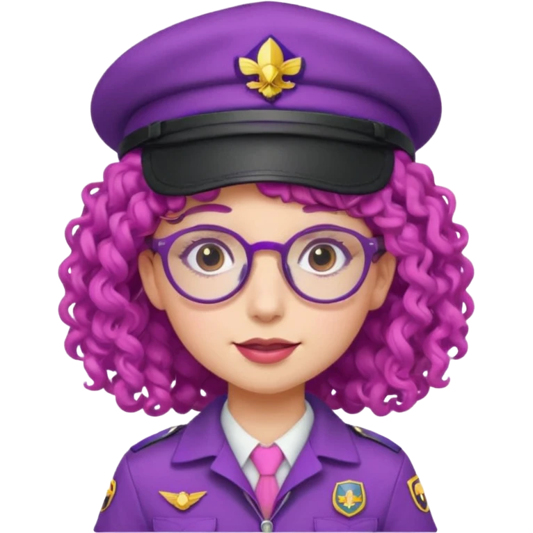 scout girl with pink scout uniform including hat, purple curly haired and glassess emoji