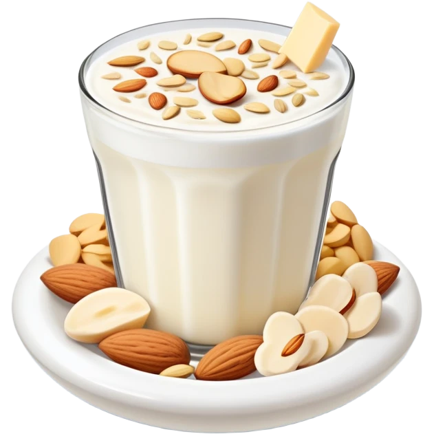 A glowing white leg bone in the center, surrounded by floating calcium-rich foods: yogurt, shredded cheese, almonds, and sesame seeds. All items are floating and slightly shining, arranged in a circle around the bone. emoji