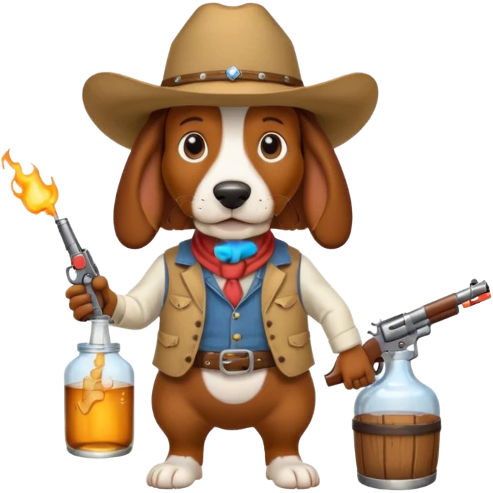 hillbilly basset hound with cowboy hat moonshine and a gun emoji